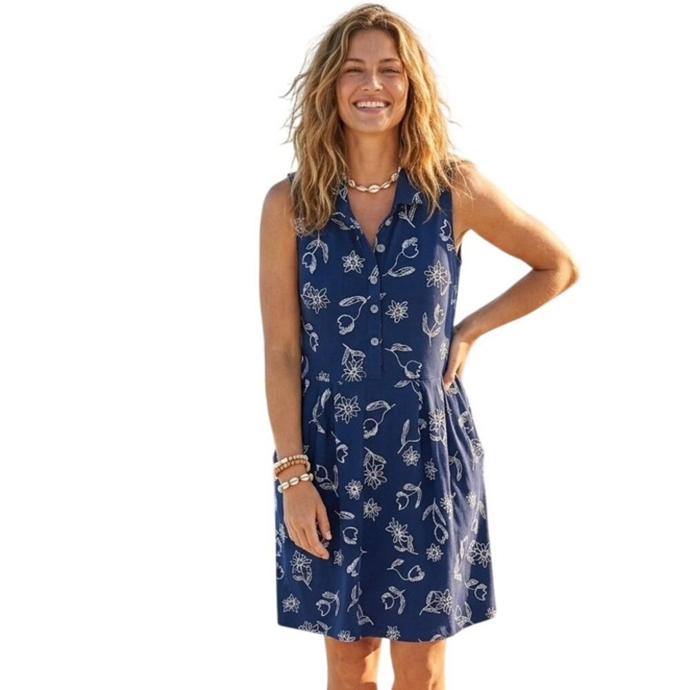 Fresh Produce Floral Dress Womens Small Blue White Sketch Beachy Cotton Casual
